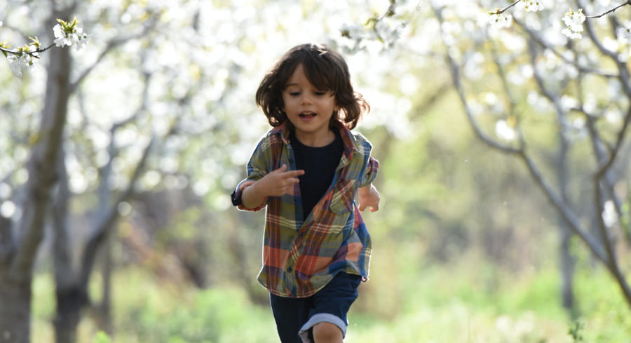 A child running through a forest