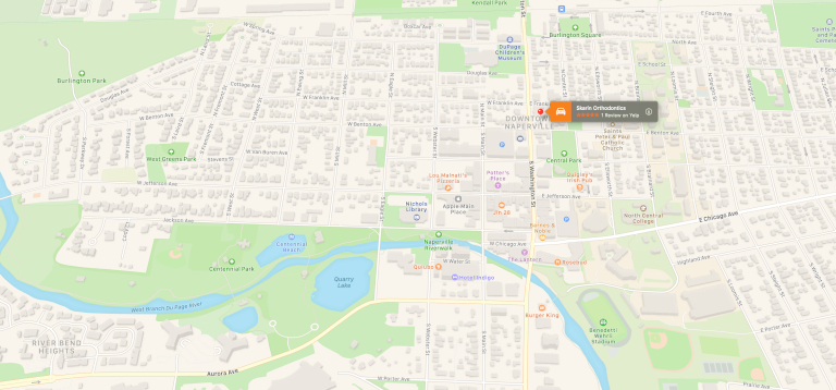 A map of downtown naperville showing the location of Skarin Orthodontics